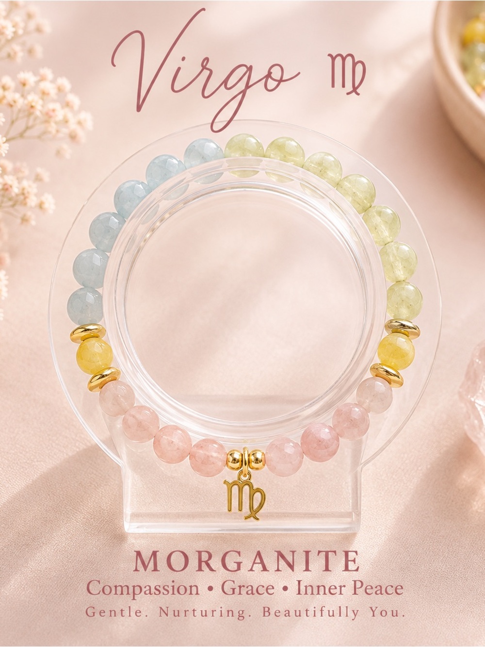 Morganite Virgo Zodiac Beaded Bracelet in Pastel Mix